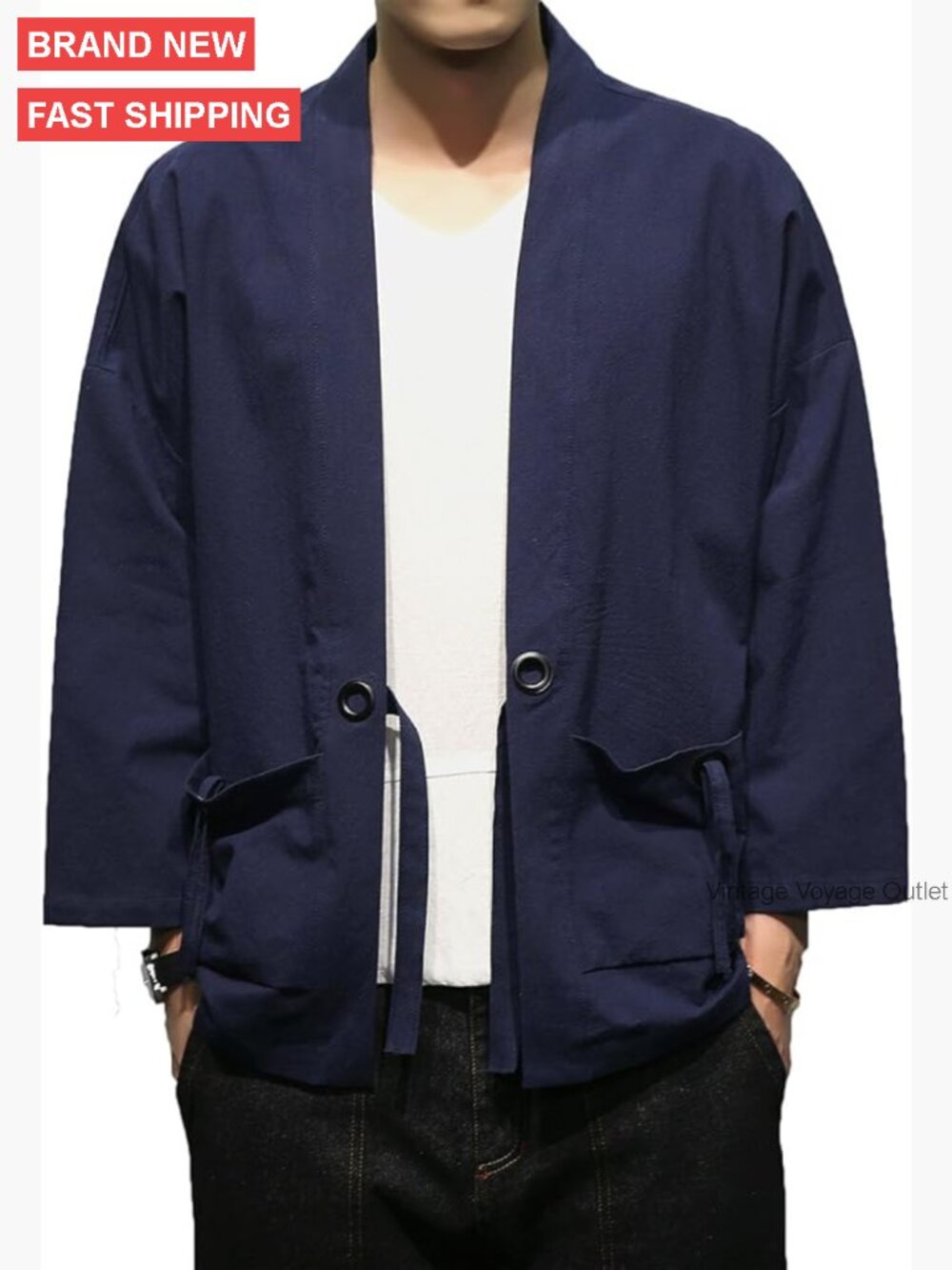 Men's Slim Fit Cotton Linen Cardigan Kimono Jacket Open Front Vintage